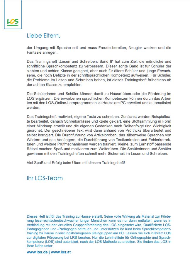 Trainingsmaterial: Lesen und Schreiben 8
