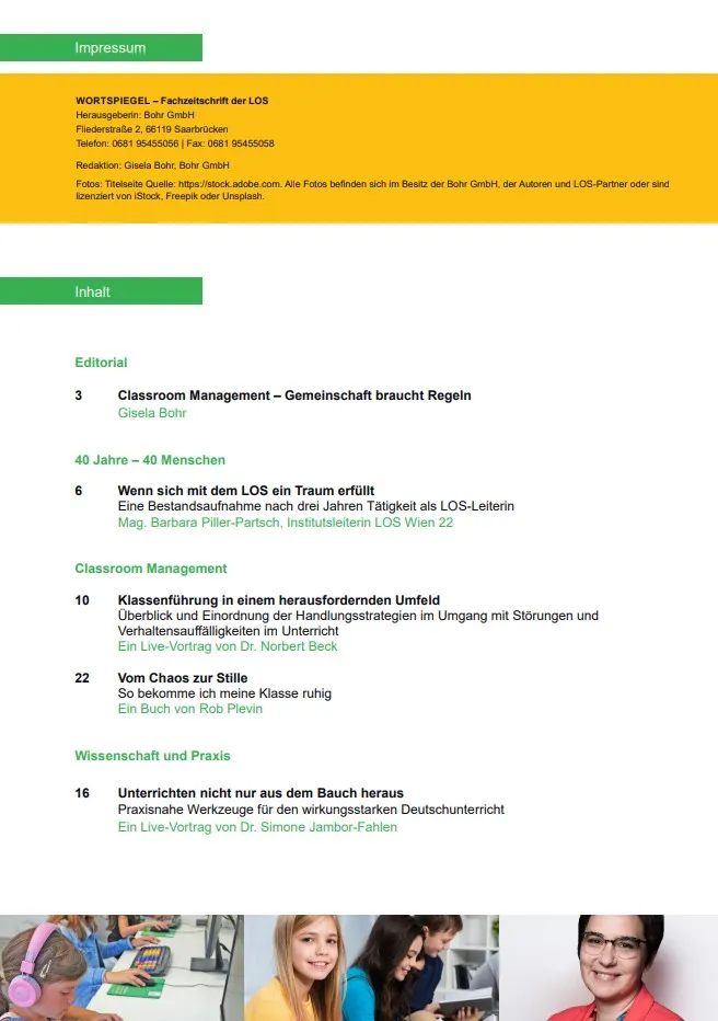 Inhaltsangabe WORTSPIEGEL 1. Ausgabe 2025 - Classroom Management